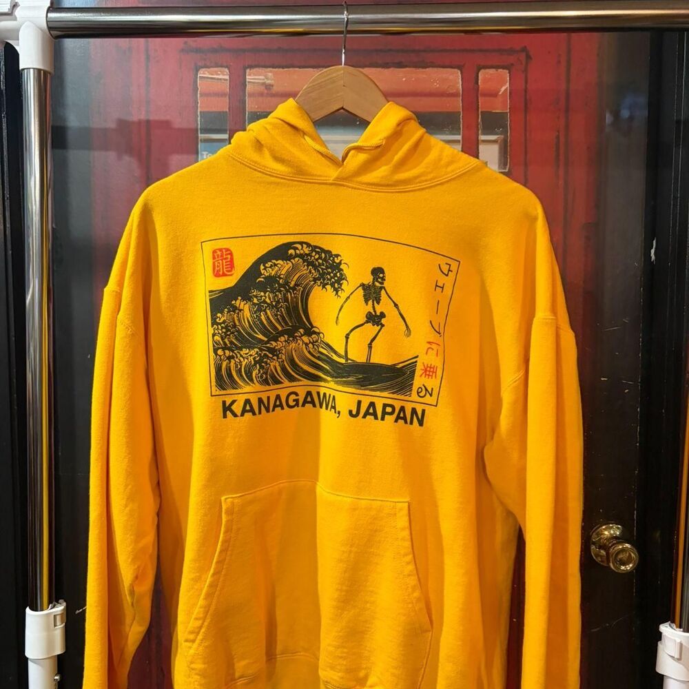 Artist Union Kanagawa Japan Skeleton Surfing Great Wave Yellow Hoodie Large